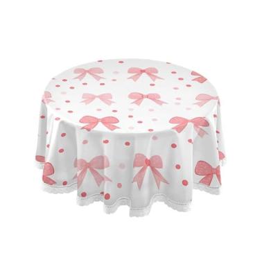 Imagem de SEHANY Toalha de mesa redonda com laço rosa de 152 cm, tecido lavável sem rugas, toalha de mesa decorativa de renda para restaurante, casamento, acampamento, festa de cinco de maio