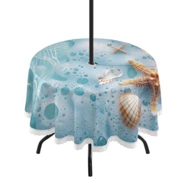 Imagem de Blueangle Toalha de mesa redonda de 152 cm à prova d'água com estrela do mar e coral com orifício para guarda-chuva - Tecido resistente à prova de sol para todos os climas para pátio, acampamento