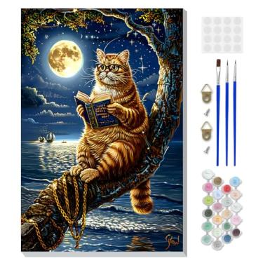 Imagem de DOMROM Kit de pintura animal por números para adultos iniciantes com cavalete de madeira, kit de pintura de gato por números em tela, kit de pintura a óleo DIY para decoração de parede de casa