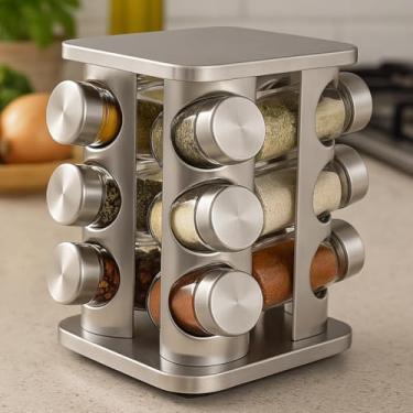 Imagem de Porta Condimentos Giratório em Aço Inox e Vidro, 12 Potes, Base 360°, 21cm Altura x 16cm Diâmetro