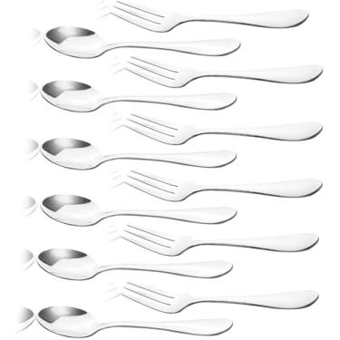 Imagem de Colher de café de aço inoxidável e garfos de frutas, acessório de cozinha, festa de casamento para sobremesa, salada, aperitivo, colher e garfo (6 garfos + 6 colheres) (prata)