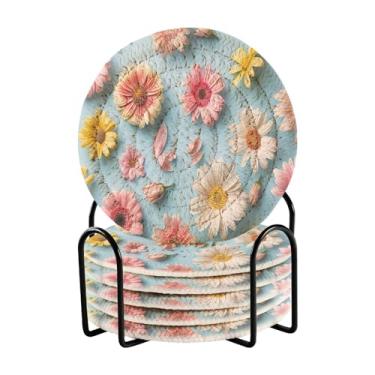 Imagem de Qilmy Conjunto de 6 peças para copos de margaridas bonitas ou porta-copos de bar para bebidas, porta-copos de fazenda ou porta-copos de mesa rústicos, porta-copos modernos de algodão para o Natal229