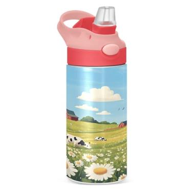 Imagem de xigua Garrafa de água infantil Farm Cows com canudo – Copo de aço inoxidável à prova de vazamento de 340 g para esportes, creche