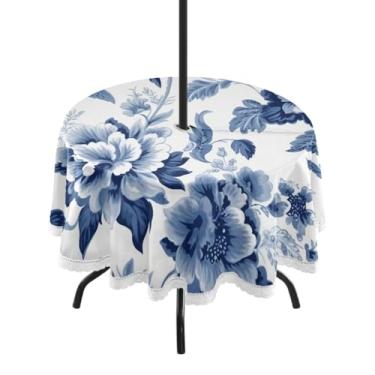 Imagem de CEBUGI Toalha de mesa redonda para uso ao ar livre, vintage, floral, impermeável, com furo Umberlla, capa de mesa lavável para pátio, cozinha, sala de jantar, 152 cm