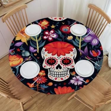 Imagem de WNRRNW Toalha de mesa redonda Day of the Dead Skull Toalha de mesa elástica impermeável, capa circular para jantar em ambientes internos e decoração de piquenique ao ar livre, P