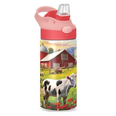 Imagem de xigua Garrafa de água infantil Farm Animals com canudo – Copo de aço inoxidável à prova de vazamento de 340 g para esportes, creche