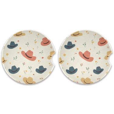 Imagem de CEBUGI 2 peças de porta-copos de carro para porta-copos de cerâmica de 6,3 cm com entalhe de dedo absorvente porta-copos de copo de carro bonitos chapéus de cowboy acessórios de carro para mulheres e