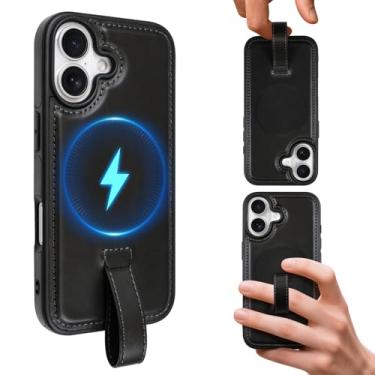 Imagem de AIGOMARA Capa magnética de couro para iPhone 17 com alça de dedo, compatível com Magsafe, capa de telefone fina de poliuretano de luxo, antiderrapante, resistente, à prova de choque, preta