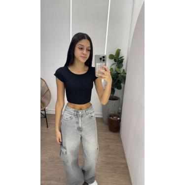 Imagem de Cropped canelada juvenil manga curta - CACHARREL STORE, 10, Azul marin