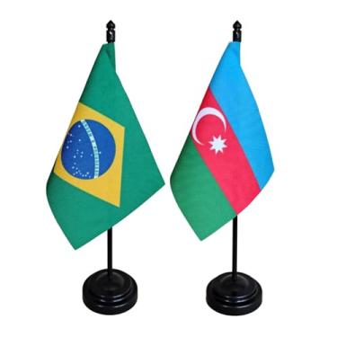 Imagem de Kit Bandeira de Mesa Brasil e Azerbaijão, 26cm Altura, 18x11cm Bandeiras, Multicolorido, Oxford, Base Plástica, para Escritório, Eventos e Decoração