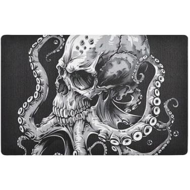 Imagem de Tapete de porta frontal de caveira de polvo preto e branco personalizado, absorvente, tapete de entrada, impermeável, absorvente de água, tapete de banho antiderrapante, 81 cm x 50 cm