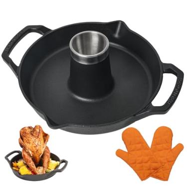Imagem de IPROUDER Torradeira de frango de ferro fundido, assadeira vertical pré-temperada de aves com bandeja coletora, suporte de frango para lata de cerveja para churrasqueira, forno e defumador