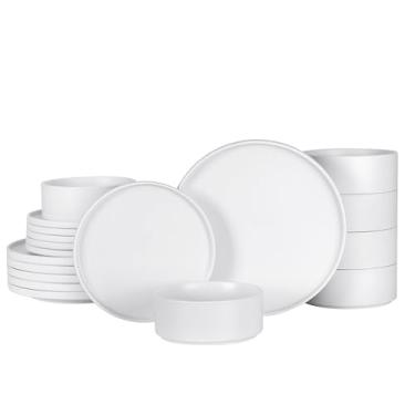 Imagem de Conjunto de louça de cerâmica, conjunto de louça de cerâmica de estilo moderno, conjunto de pratos e tigelas para lava-louças, resistentes a arranhões e desgaste (branco marfim, conjunto (18 peças))