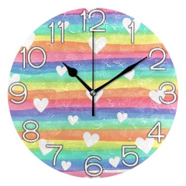 Imagem de Relógio de parede com corações brancos listrados arco-íris analógico decorativo relógio de cozinha bonito operado por bateria, decoração de parede retrô moderna art déco, 25 cm, ponteiros pretos