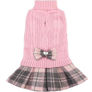 Imagem de Vestido suéter de cachorro pequeno com gravata borboleta gola rolê tricotado roupas de inverno para meninas suéteres quentes para cachorro com orifício de coleira para Yorkies Chihuahua Toy Poodle (P