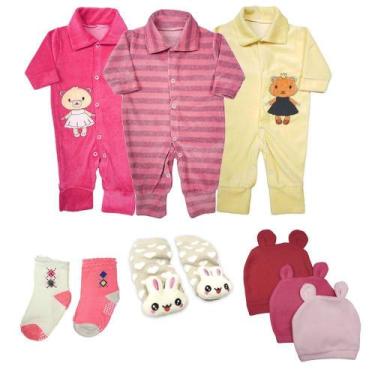 Imagem de Kit Roupa de Bebê 9 Peças Macacão Plush Bordado e Acessórios - Koala B
