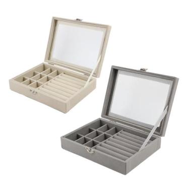 Imagem de kit 2 Porta Joias Organizador Divisoria Anel Estojo Veludo Bijuterias 