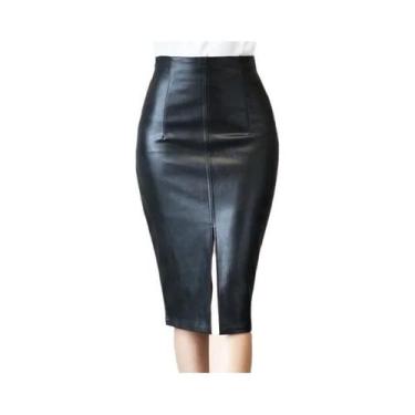 Imagem de Saia Midi De Couro Preto Para Mulheres Outono 2024 PU Lápis Escritório