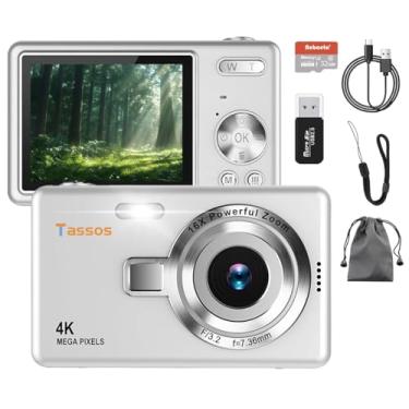Imagem de Câmera digital 1080P FHD 4k com tela LCD de 2,4", compacta e portátil para vlogs e fotos, com cartão SD de 32GB e zoom digital de 16x para adolescentes, estudantes e iniciantes. (Branco)