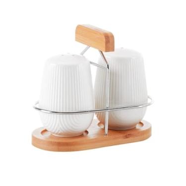 Imagem de Saleiro e Pimenteiro em Cerâmica Branca com Suporte em Bambu Metal Design Moderno para Mesa de Jantar 90ml Casa Cozinha Porta Sal