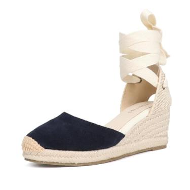 Imagem de Alpargatas femininas plataforma, cunha de 7,6 cm, tira macia no tornozelo, bico fechado, sandálias clássicas de verão, Couro bovino azul marinho, 34