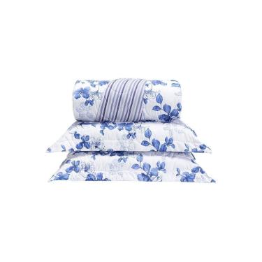 Imagem de Cobre Leito 3 Peças Queen Percal 200 Fios Colori 100% Poliéster - Flores Azuis