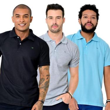 Imagem de Kit 3 Camisas Gola Polo Masculina Piquet Lisa Camisaria Colombo, Azul,