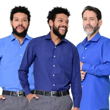 Imagem de Kit 3 Camisas Social Masculina Lisa Manga Longa Camisaria Colombo, Azu