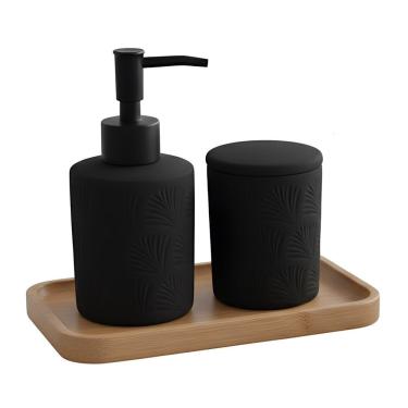 Imagem de Jogo De Banheiro Kit 3 Peças Bandeja Pote Organizador E Porta Sabonete Cerâmica Folhas Leaf Preto Wolff