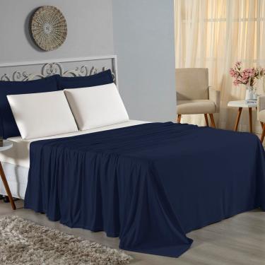 Imagem de Jogo De Cama Queen Nobre 4 Peças Lençol Com Elástico De 30cm De Altura Malha 100% Algodão - Azul-marinho / Palha