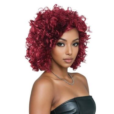Imagem de Peruca curta cor de vinho, encaracolada, estilo afro de 35 cm para mul