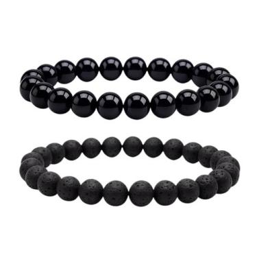 Imagem de Kit Pulseira Ônix e Pedra Vulcânica 8mm Natural Proteção Coragem Uniss