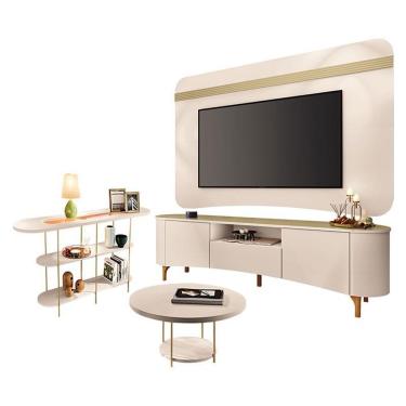 Imagem de Rack Bancada Elara E Painel Armony Off White Champanhe Com Mesa De Centro Sky E Aparador Infinity Off White - Hb Móveis