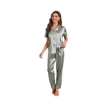 Imagem de Conjunto De Pijama Feminino De Cetim Com Bordado De Coração, Manga Cur