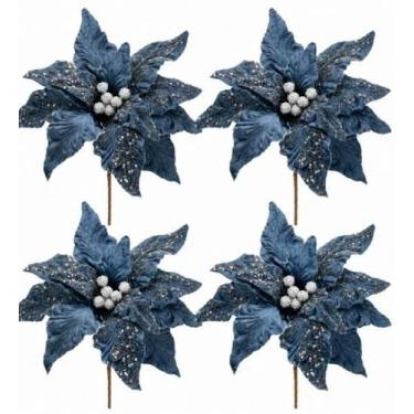 Imagem de Kit 04 Flores Poinsetia Natalina Azul - 28cm - Tok da Casa