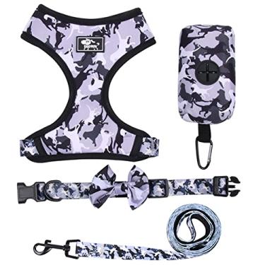 Imagem de SEIS Conjunto de 4 peças para cães refletivos conjunto lesh camuflagem pet gravata borboleta ajustável pequeno arnês para cães com bolsa de cocô dispensador para treinamento de caminhada corrida (cinza, G)
