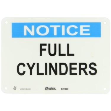 Imagem de Master Lock S21500 25,4 cm de largura x 17,7 cm de altura de polipropileno, azul e preto sobre branco placa de segurança, cabeçalho "Aviso", lenda "cilindros completos"