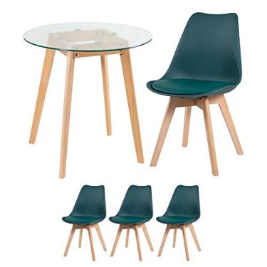 Imagem de Loft7, Kit Mesa de vidro Leda 70 cm + 3 cadeiras estofadas Leda verde escuro