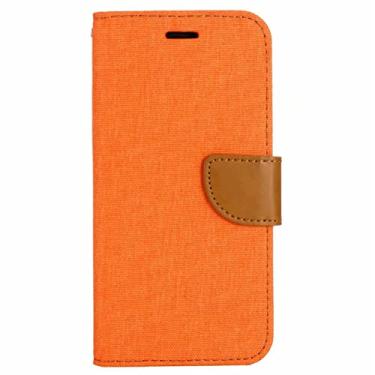 Imagem de LVCRFT Capa carteira para iPhone 14/14 Plus/14 Pro/14 Pro Max, capa de telefone flip de couro de tecido jeans, com suporte magnético porta-cartões de silicone bumper capa protetora à prova de choque, laranja, 14 Plus 6,7 polegadas