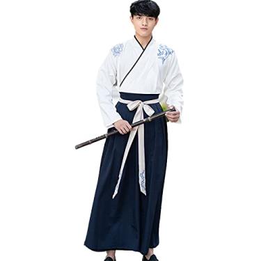 Imagem de Yajun Cosplay Hanfu vestido masculino roupas chinesas tradicionais Tang Dynasty fantasia antiga clássica dança palco roupão longo, branco, 2GG (busto: 110cm)