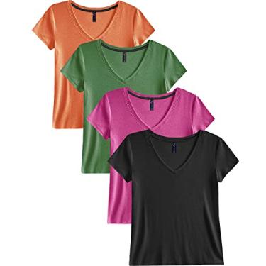Imagem de Kit 4 Blusinhas Feminina Slim Babylook Algodão Gola V (P, 1 Preto, 1 Pink, 1 Oliva, 1 B...