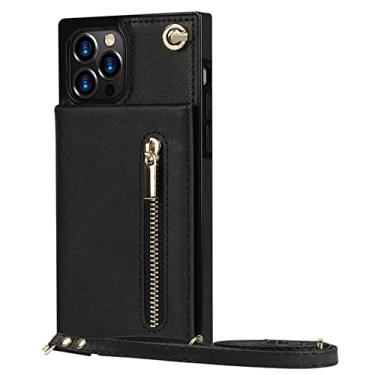 Imagem de Carteira com zíper para iPhone 13 12 Mini 14 11 X XR XS Pro Max 7 8 Plus Case com alça de cordão de cartão Capa de couro transversal, preta, para iPhone 14