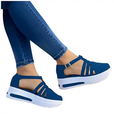 Imagem de Sandálias femininas casuais de verão, sandálias plataforma Peep Toe 2021, salto anabela, fivela no tornozelo, Z01 - azul, 7.5