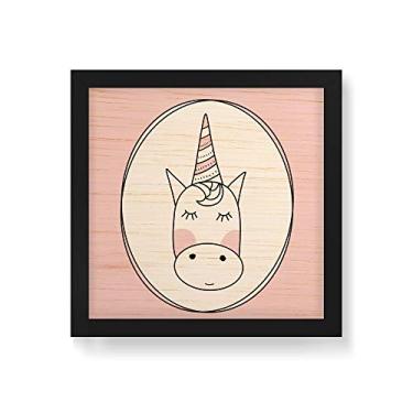 Imagem de Arte Maníacos Quadro Decorativo em Madeira Unicórnio Linhas Fundo Rosa - 30x30cm (Moldura caixa em laca preta)