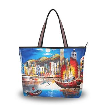 Imagem de Bolsa de ombro My Daily feminina Victoria Harbor Hong Kong Sailboat pintura a óleo bolsa grande, Multi, Large