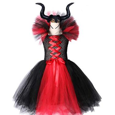 Imagem de Horoshop Vestido tutu de bruxa com chifres para meninas, fantasia de cosplay para festa de Halloween