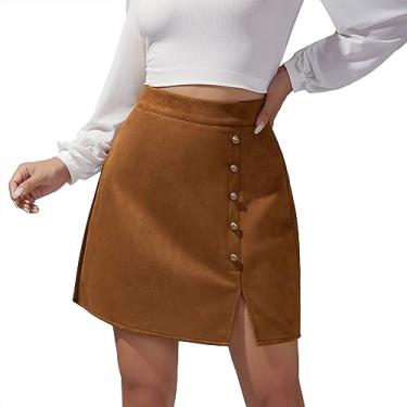 Imagem de Saia feminina casual de cintura alta botões de metal decoração saia de camurça cor pura saia justa elegante, Caqui, GG