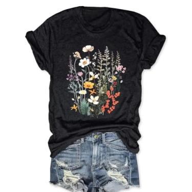 Imagem de Camiseta feminina com estampa de flores boêmias, vintage, estampa de flores silvestres, casual, botânica, manga curta, Preto - 12, GG
