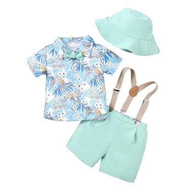 Imagem de ZOELNIC Roupas para bebês meninos de manga curta camisa de botão casual suspensórios shorts + bonés roupas de verão 1-4 anos, Azul, 4 T