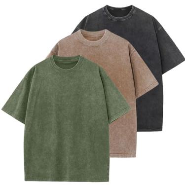 Imagem de Camisetas masculinas de algodão superdimensionadas unissex manga curta casual lavagem solta camisetas básicas sólidas, Preto + café + verde militar, XXG